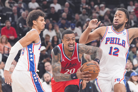 ◎ 快艇哥連斯(中)進攻受阻,昨役被七六人攻破。(美聯社)