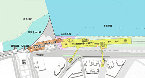◎ 輕軌東線ES1站及連接關閘邊檢大樓全天候通道位置平面圖。