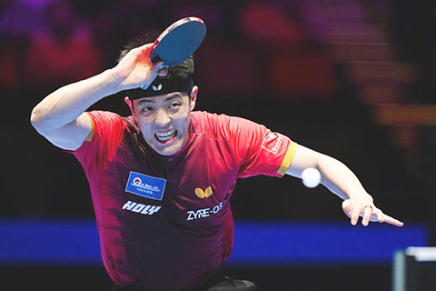 ◎ 四月一日,邱黨回球。世界盃男子單打小組賽中,中國選手陳垣宇0比三負於德國選手邱黨。(新華社發 張金加攝)